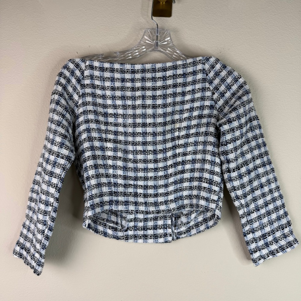 Zara Top Womens XS Blue White Plaid Tweed Off Shoulder Double Breasted Crop - Picture 4 of 4
